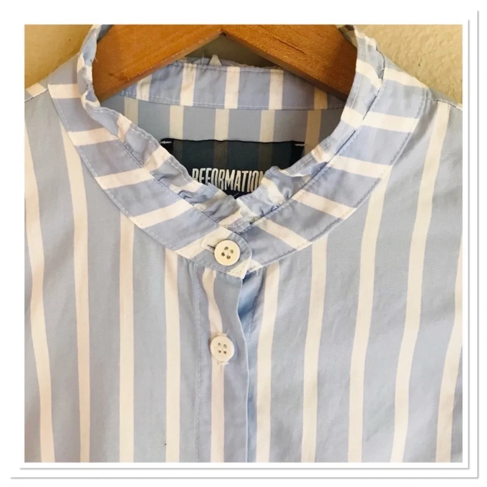 Reformation Etta Top In Lydia Striped Ruffle Edge Button Up Front Blue Size L - Picture 5 of 10